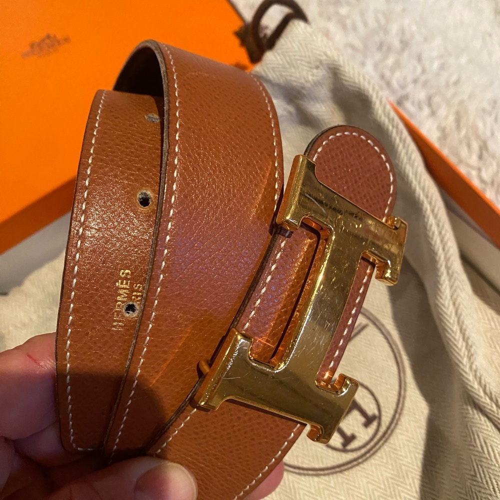 Hermes Brown and Gold Leather Belt with Signature H Buckle